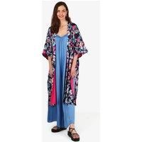 Lined Silky Mid Length Kimono Jacket in Navy Blue, Floral