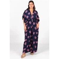 Jilly Deep V Jumpsuit - Navy Blue/Pink, Palm Leaf