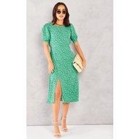Midi Puff Sleeve Tea Dress- Green Stars & Dots