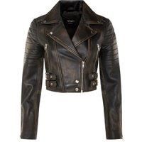 Ladies Cropped Jacket Short Body Gothic Top BLACK Rub Off Chic Biker REAL LEATHER Jacket L