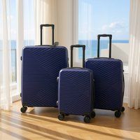 Infinity Leather Hardshell Suitcase Robust 8 Wheel Cabin Luggage Case Bag Set in Navy