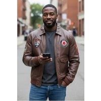Infinity Leather Men's Flying Leather Bomber Aviator Collar Jacket - Vanguard in Brown | Size: Large