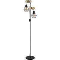 Standing Floor Lamp Light Black Cage Shade & Wood Hangman 2 x 60W E27 Bulb