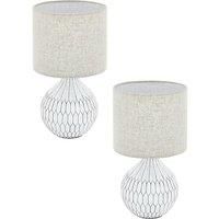 2 PACK Table Lamp White Patterned Base Shade Light Brown Fabric Linen E27 1x40W