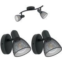 Twin Ceiling Spot Light & 2x Matching Wall Lights Black Mesh Adjustable Head