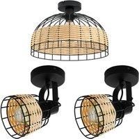 Low Ceiling Light & 2x Matching Wall Lights Black & Wicker Wood Cage Shade
