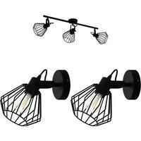 Ceiling Spot Light & 2x Matching Wall Lights Black Wire Cage Adjustable Lamp