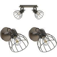 Twin Ceiling Spot Light & 2x Matching Wall Lights Black Industrial Wire Shade