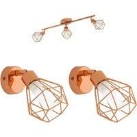 Ceiling Spot Light & 2x Matching Wall Lights Copper Geometric Wire Cage Shade
