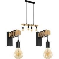 Quad Ceiling Light & 2x Matching Wall Lights Black & Wood Hanging Trendy Lamp