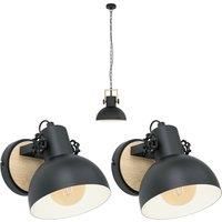 Ceiling Pendant Light & 2x Matching Wall Lights Black & Wood Industrial Shade