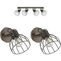 Quad Ceiling Light & 2x Matching Wall Lights Industrial Metal Cage Asjustable