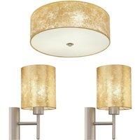 Low Ceiling Light & 2x Matching Wall Lights Gold Fabric Round Diffused Shade