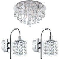 Low Ceiling Light & 2x Matching Wall Lights Chrome & Crystal IP44 Bathroom Lamp