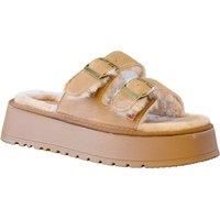 IVACHY Women/'s Flat Platform Fashion Sandals with Faux Fur Footbed & Double Buckles - Khaki, Black, Camel - UK Sizes 3-7.5