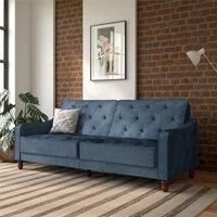 Vintage Tufted Futon Sofa Bed Split Back Memory Foam Blue Velvet By Novogratz