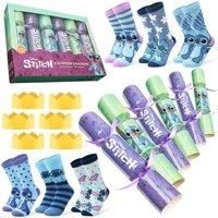 Disney Stitch Christmas Crackers Set of 6 with Socks Inside One Size Crew Socks Minnie Mouse Women Teenagers Kids Gifts (Teal/Purple Stitch - Adult)