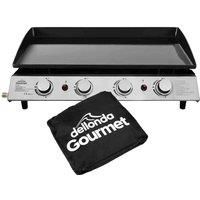 Dellonda 4 Burner Portable Gas Plancha 10kW BBQ Griddle, Supplied with Water Resistant PVC Cover, Stainless Steel - DG234