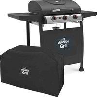 Dellonda 3 Burner Gas BBQ Grill with Piezo Ignition, Built-In Thermometer and Water Resistant Cover, Black/Stainless Steel - DG228