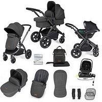 Ickle Bubba Stomp Luxe 12pc Travel System with i-Size Nimbus Car Seat & 180° Spin ISOFIX Base – Convertible Pushchair & Carrycot, Birth to 22kg (Approx. 4 Years) (Charcoal Grey/Black, Black Chassis)