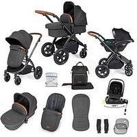Ickle Bubba Stomp Luxe 12pc Travel System with i-Size Nimbus Car Seat & 180° Spin ISOFIX Base – Convertible Pushchair & Carrycot, Birth to 22kg (Approx. 4 Years) (Charcoal Grey/Tan, Black Chassis)
