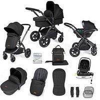Ickle Bubba Stomp Luxe 12pc Travel System with i-Size Nimbus Car Seat & 180° Spin ISOFIX Base – Convertible Pushchair & Carrycot, Birth to 22kg (Approx. 4 Years) (Midnight/Black, Black Chassis)