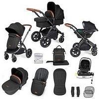 Ickle Bubba Stomp Luxe 12pc Travel System with i-Size Nimbus Car Seat & 180° Spin ISOFIX Base – Convertible Pushchair & Carrycot, Birth to 22kg (Approx. 4 Years) (Midnight/Tan, Black Chassis)