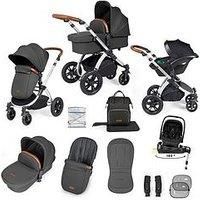 Ickle Bubba Stomp Luxe 12pc Travel System with i-Size Nimbus Car Seat & 180° Spin ISOFIX Base – Convertible Pushchair & Carrycot, Birth to 22kg (Approx. 4 Years) (Charcoal Grey/Tan, Silver Chassis)