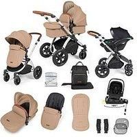 Ickle Bubba Stomp Luxe 12pc Travel System with i-Size Nimbus Car Seat & 180° Spin ISOFIX Base – Convertible Pushchair & Carrycot, Birth to 22kg (Approx. 4 Years) (Desert/Tan, Silver Chassis)