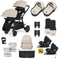 Ickle Bubba Virgo Twin 18 Piece Travel System with i-Size Cirrus Car Seats & ISOFIX Bases, Suitable from Birth to 15 Months – Tandem Pushchair with Carrycots, Footmuffs & Accessories (Stone)