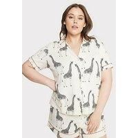 Chelsea Peers Curve Organic Cotton Giraffe Print V-Neck Button Up Short Pj Set - White