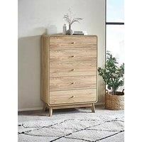 Julian Bowen Ingrid Chest of Drawers – Wooden Dresser with 5 Drawers, Oak Effect Tall Sideboard for Bedroom and Living Room – 121.8cm x 80cm x 40cm