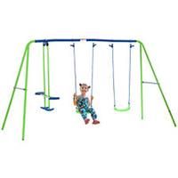 Outsunny Metal 2 Swings & Seesaw Set Height Adjustable Outdoor Play Set, Green