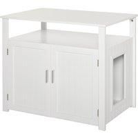 PawHut Wooden Cat Litter Box Enclosure Furniture with Adjustable Interior Wall & Large Tabletop for Nightstand, White