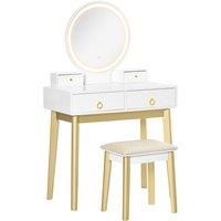 HOMCOM Dressing Table Set with Mirror, Built-in 3 Color LED Light, Vanity Makeup Table with 4 Drawers and Cushioned Stool for Bedroom, White