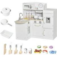 HOMCOM Kids Play Kitchen Wooden Toy Kitchen Cooking Set for Children with Drinking Fountain, Microwave, and Fridge White