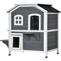 PawHut Solid Wood Cat Condos Pet House Water Proof Outdoor 2-Floor Villa, Grey
