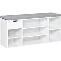 HOMCOM Shoe Bench with Seat Cushion Shoe Storage Cabinet with 7 Compartments Drawer Adjustable Shelves for Entryway Hallway Living Room White and Grey