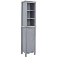kleankin Bathroom Floor Storage Cabinet with 3 Tier Shelf and Cupboard with Door, Free Standing Linen Tower, Tall Slim Side Organizer Shelves, Grey