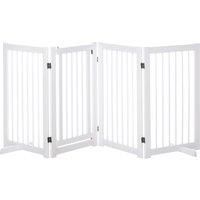 PawHut Wooden Freestanding Pet Gate 4 Panels 91cm Foldable Dog Safety Fence with 2 Support Feet Walk-through Door for Doorway Stairs White