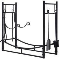 Outsunny Firewood Stand Log Rack Holder 84cm with 4-PC Fireplace Tools Set, Indoor Outdoor, Metal, Black