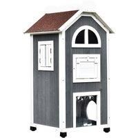 PawHut Wooden Cat House, Weatherproof Pet Shelter, Outdoor Cat Condos Cave, 2 Floor Furniture, Grey and White