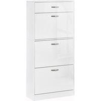 HOMCOM Shoe Cabinet with 4 Drawers Storage High Gloss Cupboard with Flip Doors Pull Down Furniture Unit with Adjustable Shelves for 18 Pairs White