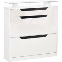 HOMCOM Shoe Cabinet With 3 Drawers High Gloss Storage Cupboard With Glass Top White