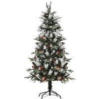 HOMCOM 5FT Artificial Snow Dipped Christmas Tree Xmas Pencil Tree Holiday Home Party Decoration with Foldable Feet Red Berries White Pinecones, Green