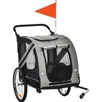 PawHut Dog Bike Trailer 2-in-1 Pet Stroller Cart Bicycle Carrier Attachment for Travel in steel frame with Universal Wheel Reflectors Flag Grey