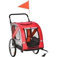 PawHut Dog Bike Trailer 2-in-1 Pet Stroller Cart Bicycle Carrier Attachment for Travel in steel frame with Wheels Hitch Coupler Reflectors Flag Red