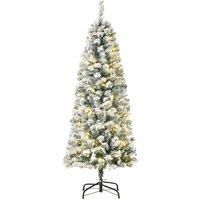 HOMCOM 5 Feet Prelit Artificial Snow Flocked Christmas Tree with Warm White LED Light, Holiday Home Xmas Decoration, Green White