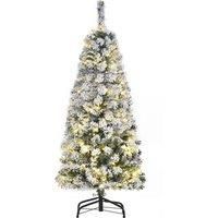 HOMCOM 4ft Prelit Artificial Snow Flocked Christmas Tree with Warm White LED Light, Holiday Home Xmas Decoration, Green White