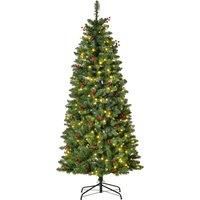 HOMCOM 5FT Prelit Artificial Pencil Christmas Tree with Warm White LED Light, Red Berry, Holiday Home Xmas Decoration, Green